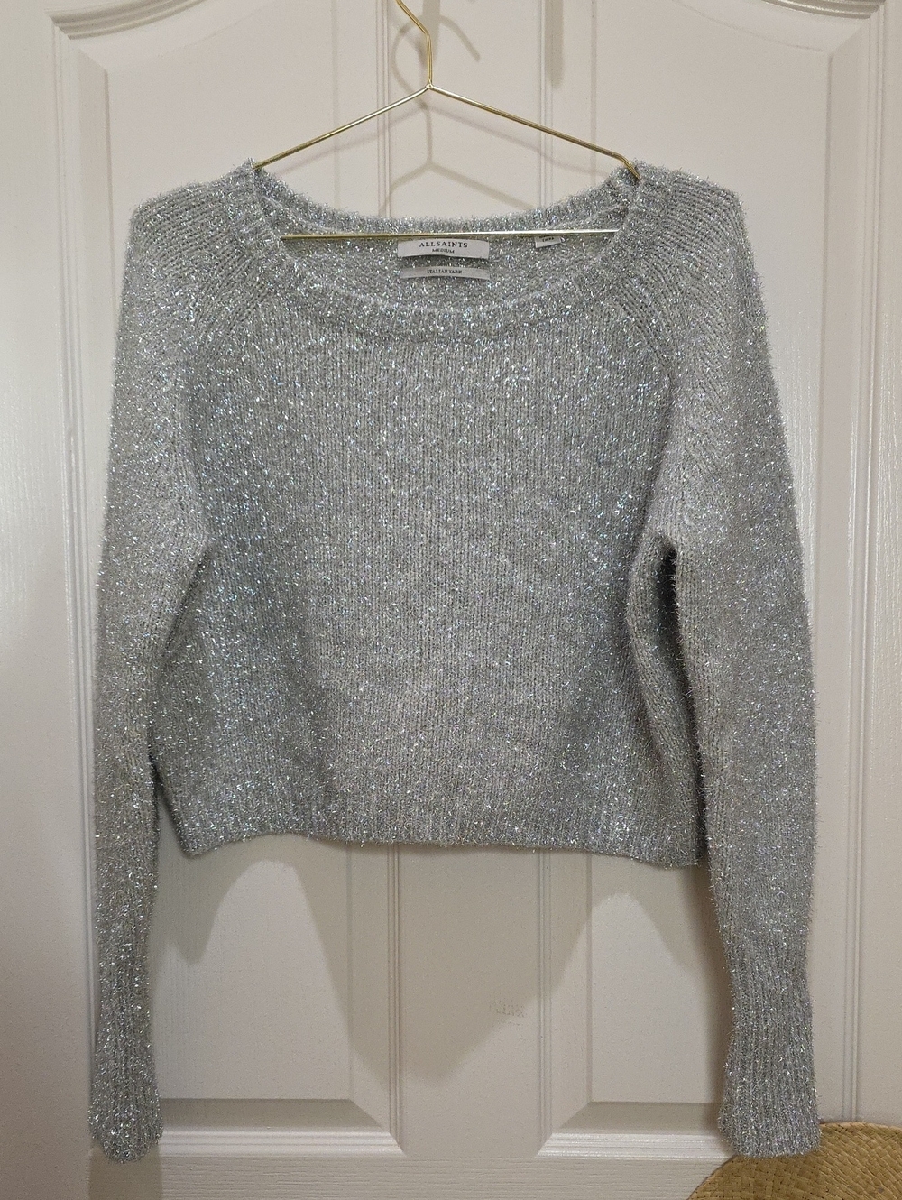 All Saints Silver Metallic Tencel Sparkle  Sweater Crop Medium